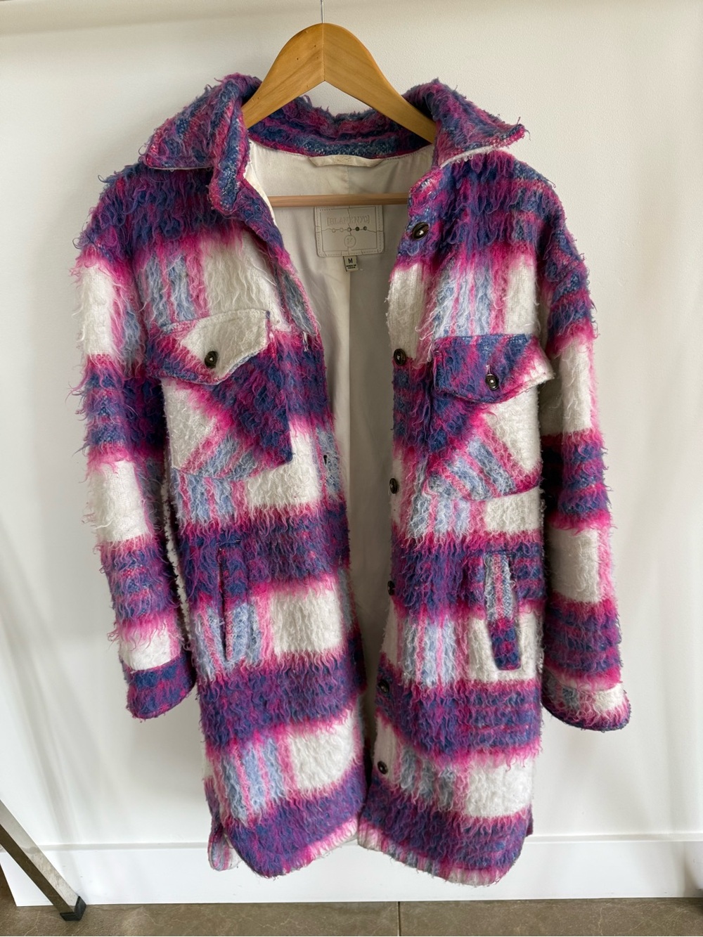 Blank NYC Pink, Purple & White Fuzzy Plaid Teddy Shacket